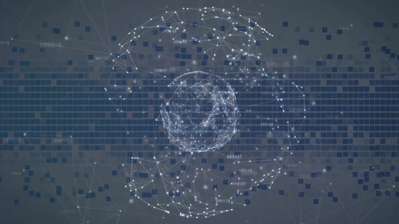 When glowing white dots appearing center, network sphere forming pulsing visualizing data flow