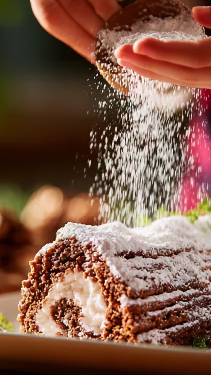 A Decadent Chocolate Dessert Being Finished with a Delicate Dusting of Powdered Sugar, Perfect for Celebrations and Special Occasions, Showcasing Culinary Skill and Tempting Appearance