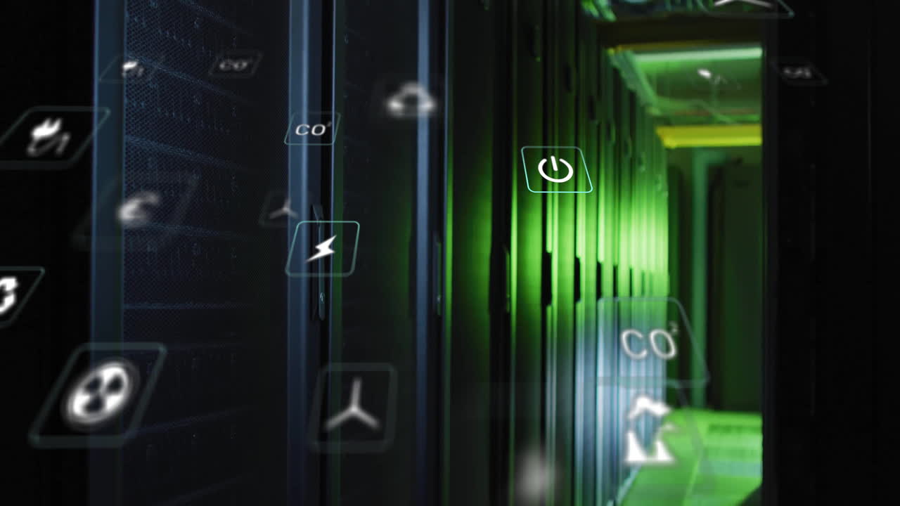Server aisle glowing with green light in 3D render, floating energy icons illustrating power flow