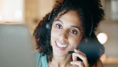 face, communication or happy woman in call center