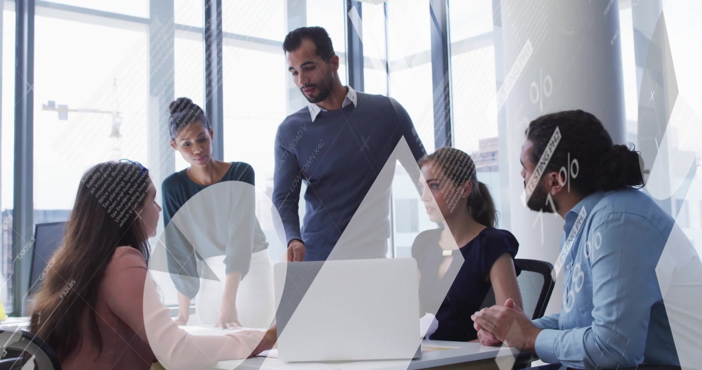 Marketing team clicking laptop and analyzing data, reaching consensus with animated chart overlays