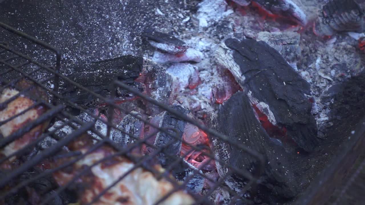carbón ardiente en la parrilla de barbacoa en el fondo carne asada en el picnic de verano