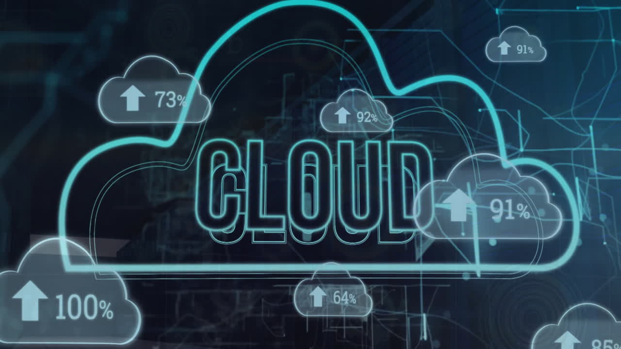 Animation of cloud icons with data processing over cloud text with connections on black background