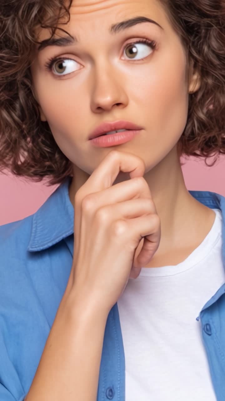 Un momento contemplativo: una giovane donna con i capelli ricci riflette pensierosa mentre guarda di lato su uno sfondo rosa tenue.