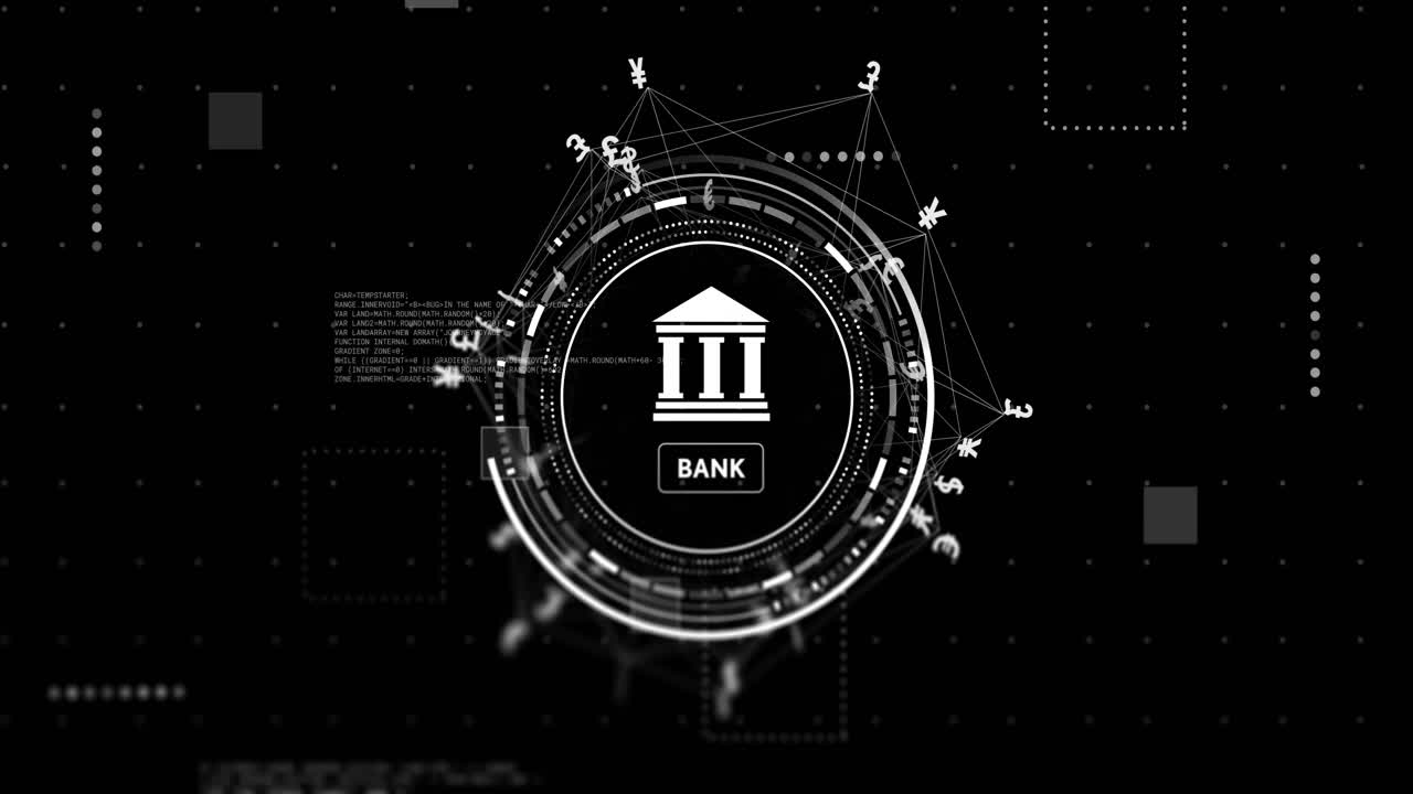 Animation of bank icon, network with data processing and currency over black background