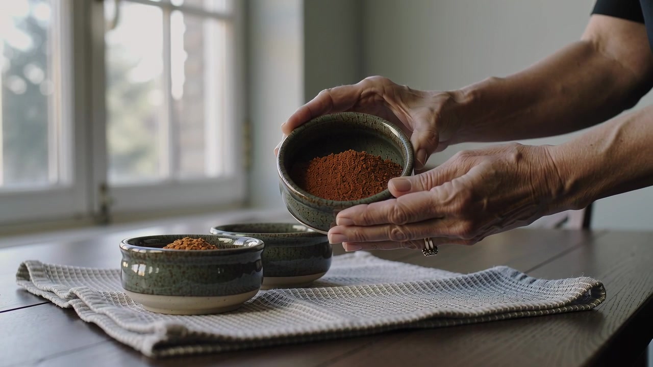 Arranging hands entering from right, presenting bowls of spice near window in shortsleeved top