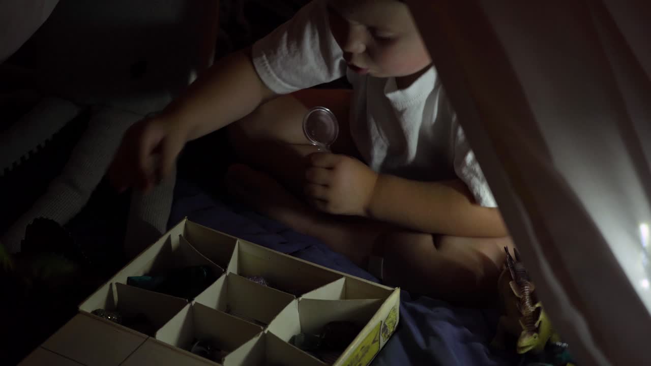 아이는 돋보기를 통해 암석과 화석을 검사합니다.