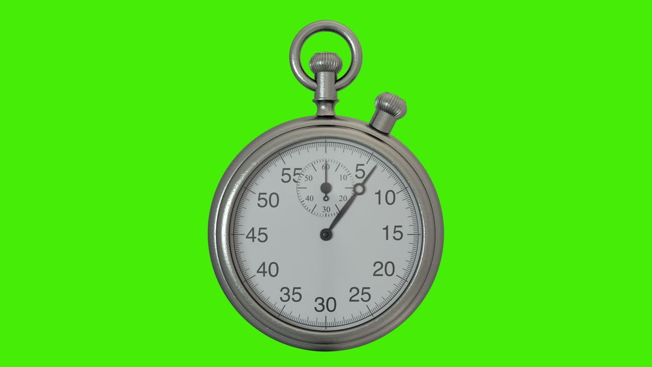Realistic stopwatch with moving arms measures one minute on green screen
