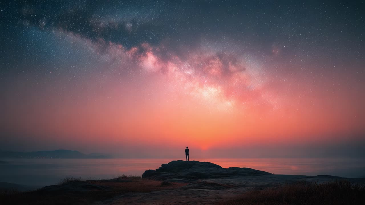 A solitary figure stands on a rocky outcrop at twilight, gazing at the breathtaking blend of a starlit sky and the vibrant colors of the sunset over a serene ocean horizon