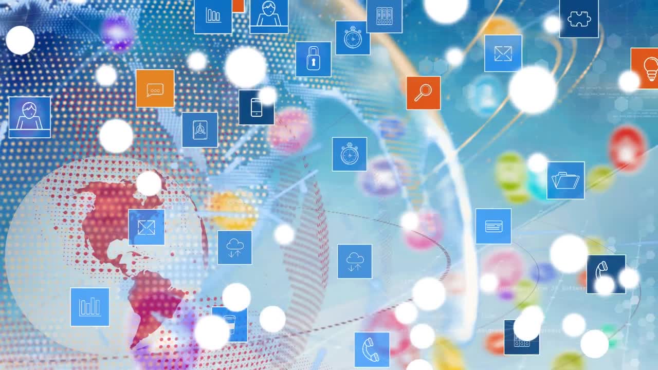 Animation of globe with icons and network of connections