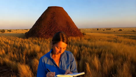 woman writing in a field near a traditional hut