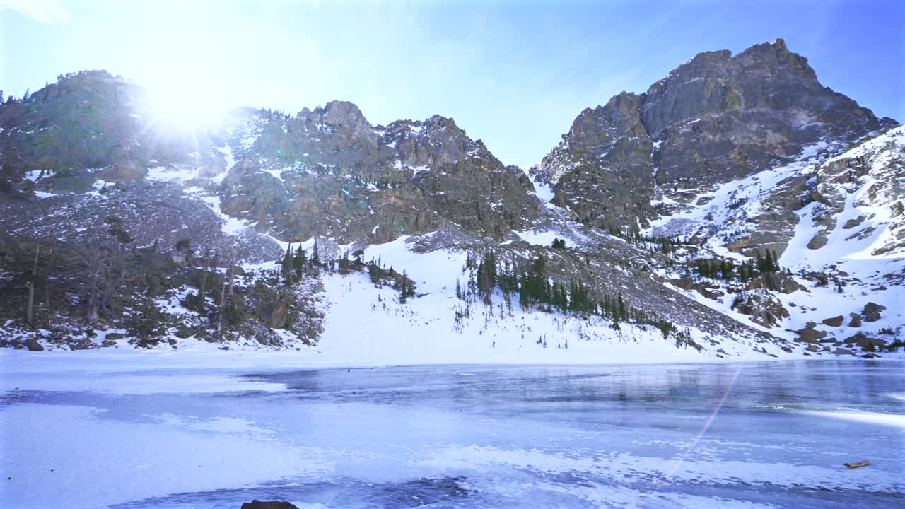 Gelo Congelado, Neve Gelada, País das Maravilhas Invernal Ventoso, Lago Esmeralda, Lago dos Sonhos, Parque Nacional das Montanhas Rochosas RMNP Colorado, Drone Aéreo Ensolarado, Pico Hallett, Céu Azul, Brisa Fria, Ventoso, Alta Montanha, Trilha do Lago Bear