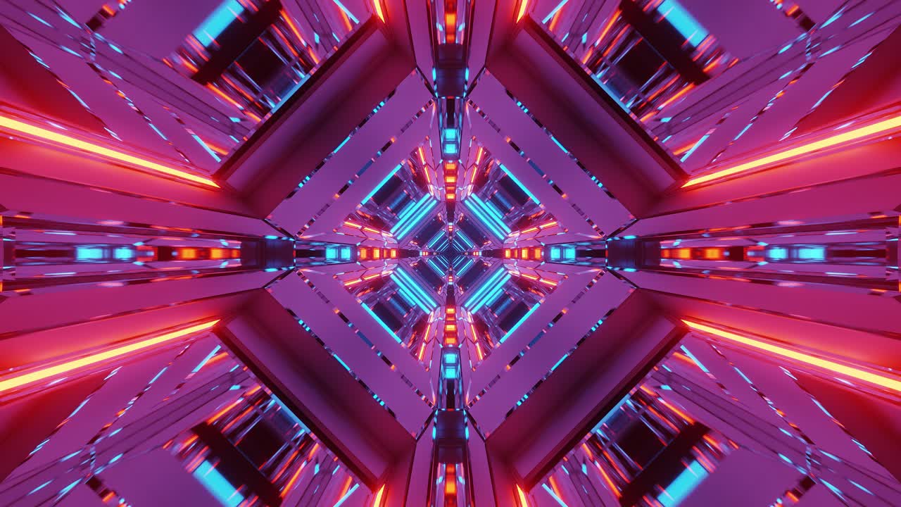 Multicolored Square Motion Tunnel with Glowing Light Beams and Geometric Pattern