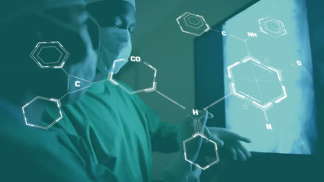 animation of chemical formula over diverse surgeons in operating theatre