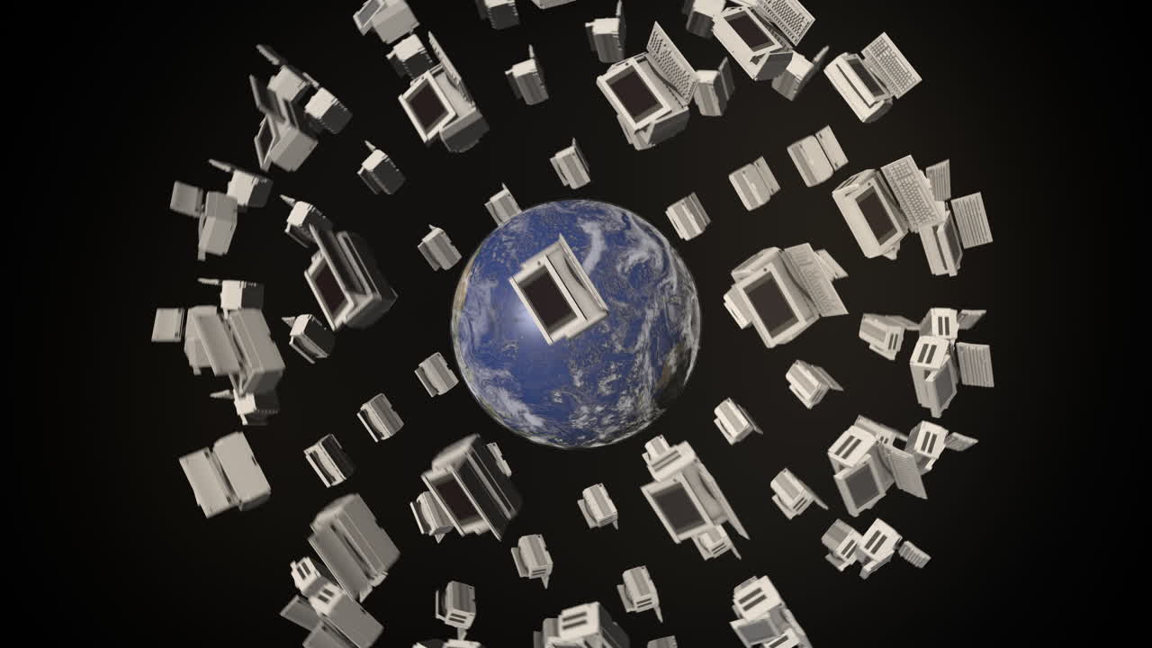 esfera de computadoras retro pc que giran alrededor del planeta tierra animación