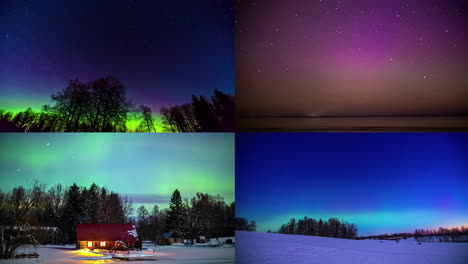 Estrellas-Voladoras-Y-Luces-Polares-Verdes-En-El-Cielo-En-El-ártico-Durante-Las-Vacaciones,-Lapso-De-Tiempo