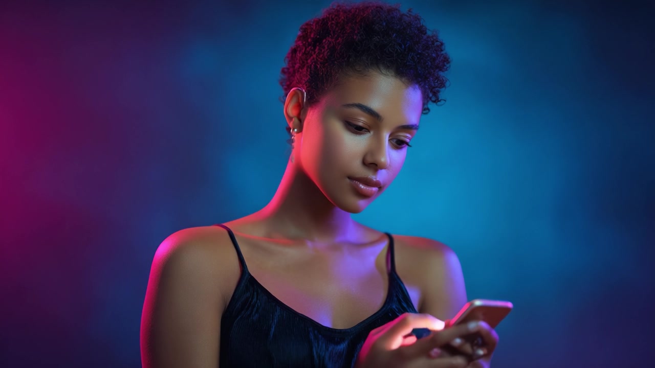Una donna interagisce abilmente con il suo smartphone in un ambiente artistico e ricco di colori, illuminato da vivaci luci blu e rosa che creano un'atmosfera accattivante