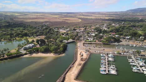 drone aerial panning view of the haleiwa bridge on oahu hawaii