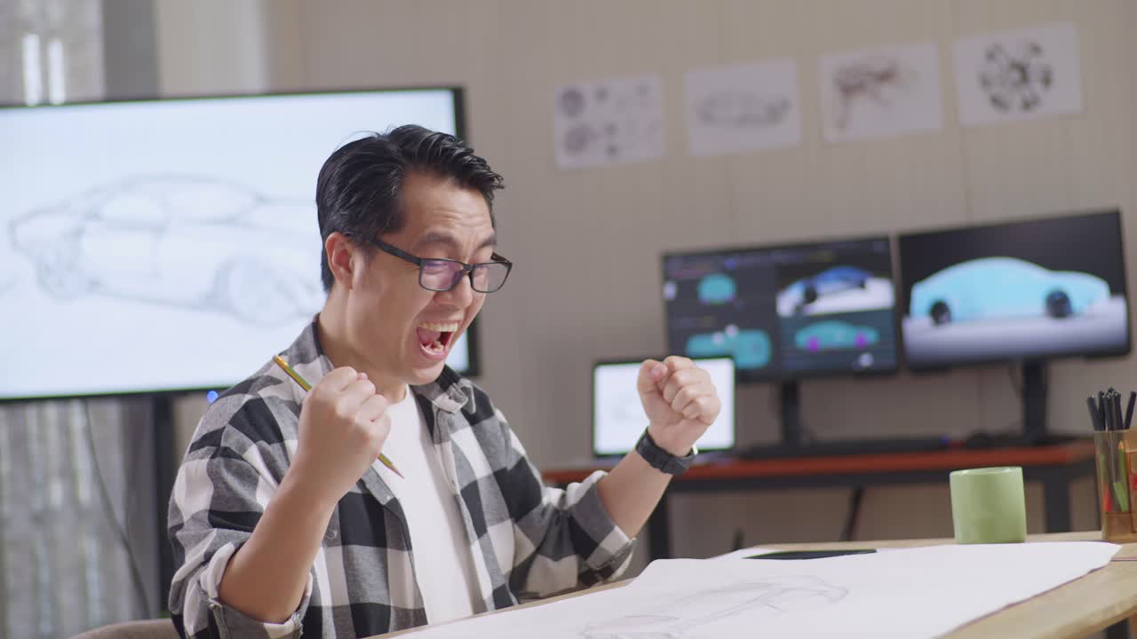 성공을 축하하는 아시아 남성의 측면 뷰 - tv와 컴퓨터 디스플레이 3d 전기 자동차 모델과 함께 스튜디오에서 테이블에 자동차 디자인 스케치를 작업합니다.