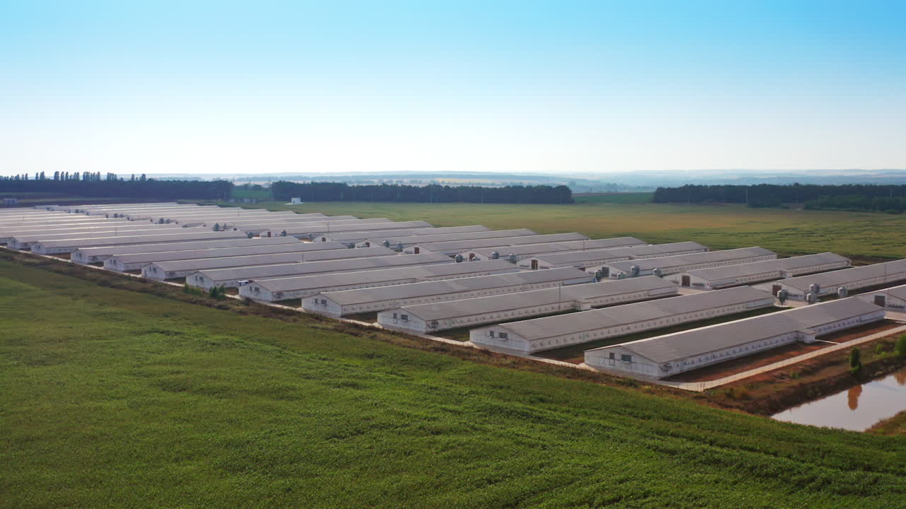 White buildings in rows at the modern agricultural farming company. Rising shot over the farmlands opening the territory of a farm and landscapes behind.