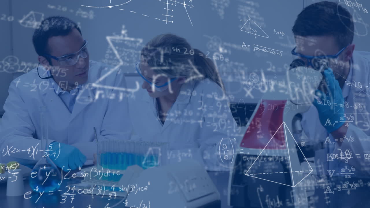 Animation of math formulas over diverse female and male lab workers with microscope