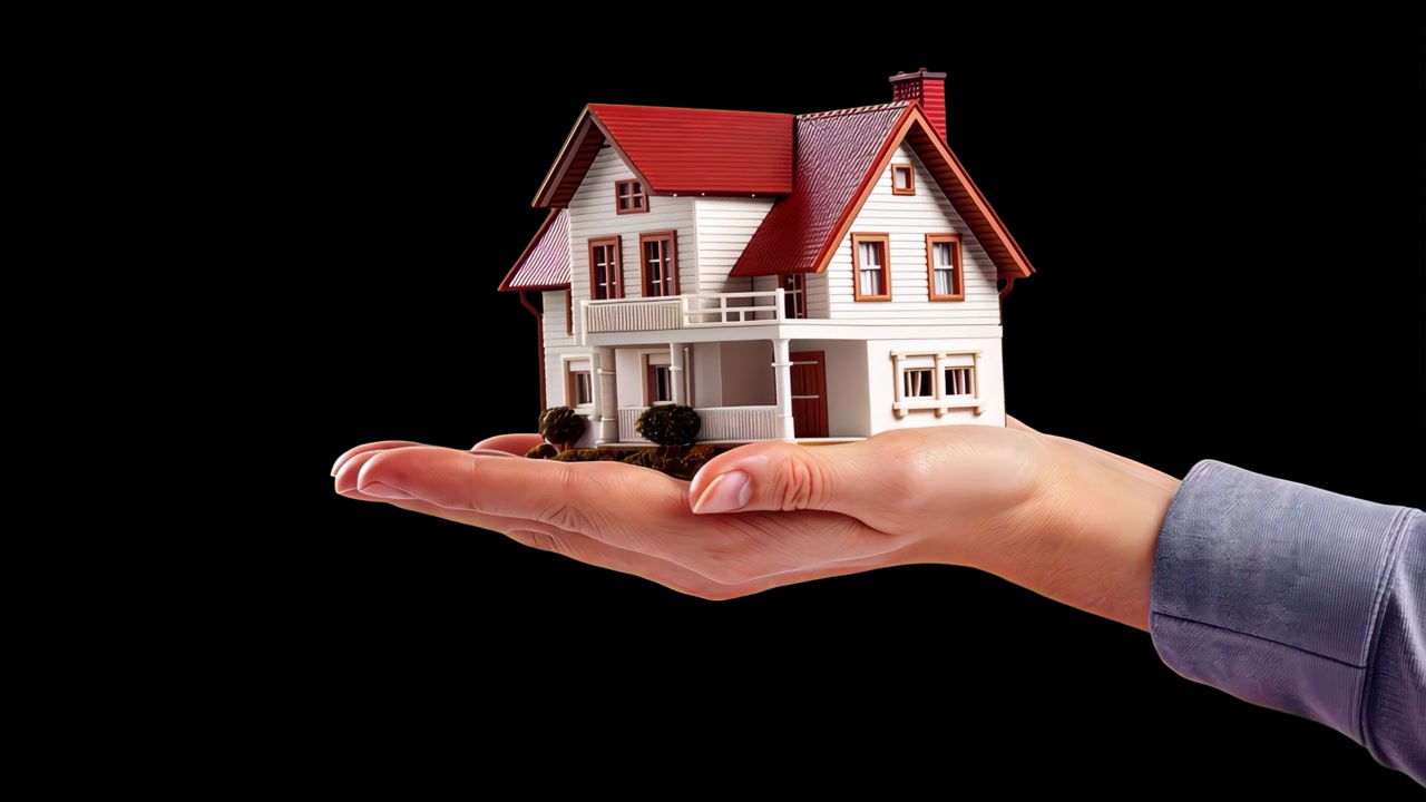 Mano umana che regge una casa in miniatura su sfondo nero