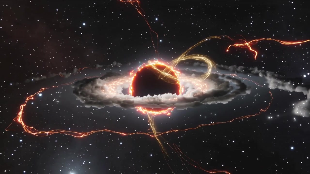 Aligning ribbon filaments guiding inflow through central core in deep space, accretion ring glowing