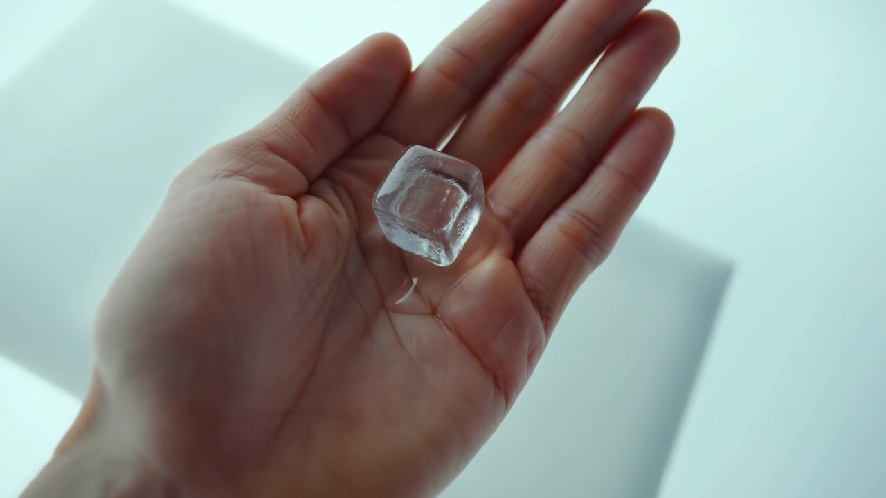 Mano adulta con la palma hacia arriba sosteniendo un solo cubo de hielo transparente mientras gotas de agua derretida se forman y se deslizan por los dedos relajados bajo una luz suave y fría, creando un aspecto de estudio fresco y limpio con reflejos nítidos