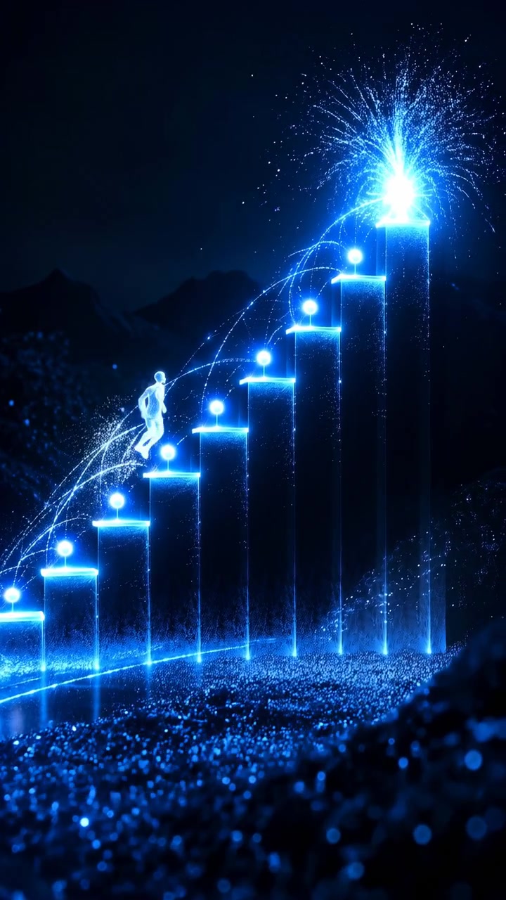 Piccola figura luminosa avanza passo dopo passo lungo una scala blu ascendente, circondata da particelle scintillanti e scie di luce curve su uno sfondo scuro e profondo.