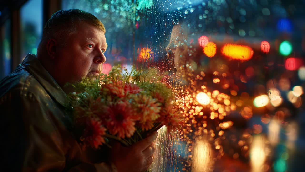 A Thoughtful Moment: A Man Gazes Longingly Through a Rain-Splattered Window While Holding a Bouquet of Colorful Flowers, Capturing a Blend of Emotions Amidst Glistening City Lights
