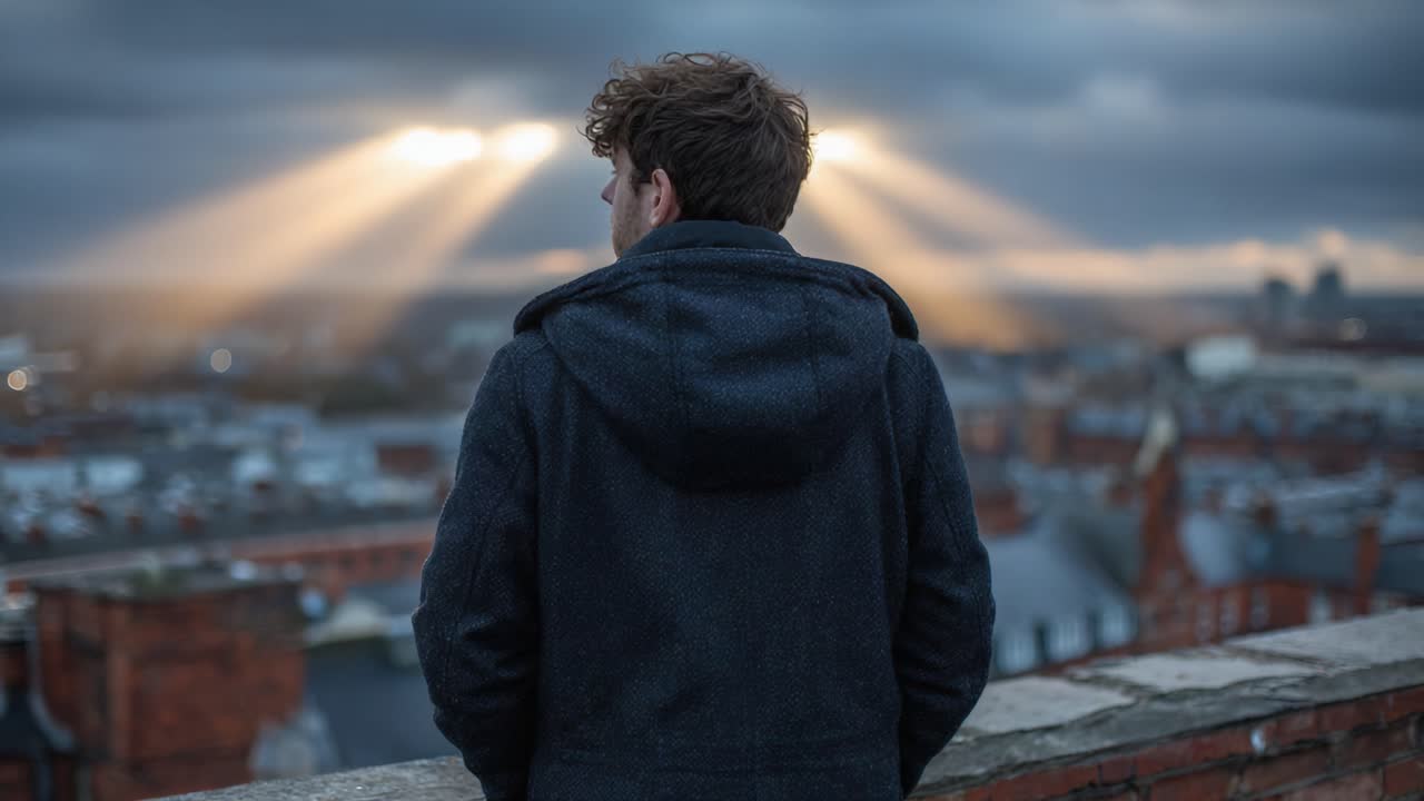 Contemplation at Dusk: A Young Man Stands Against a Dramatic Skyline, Bathed in Heavenly Light as Rays Break Through the Clouds Over a Bustling Cityscape