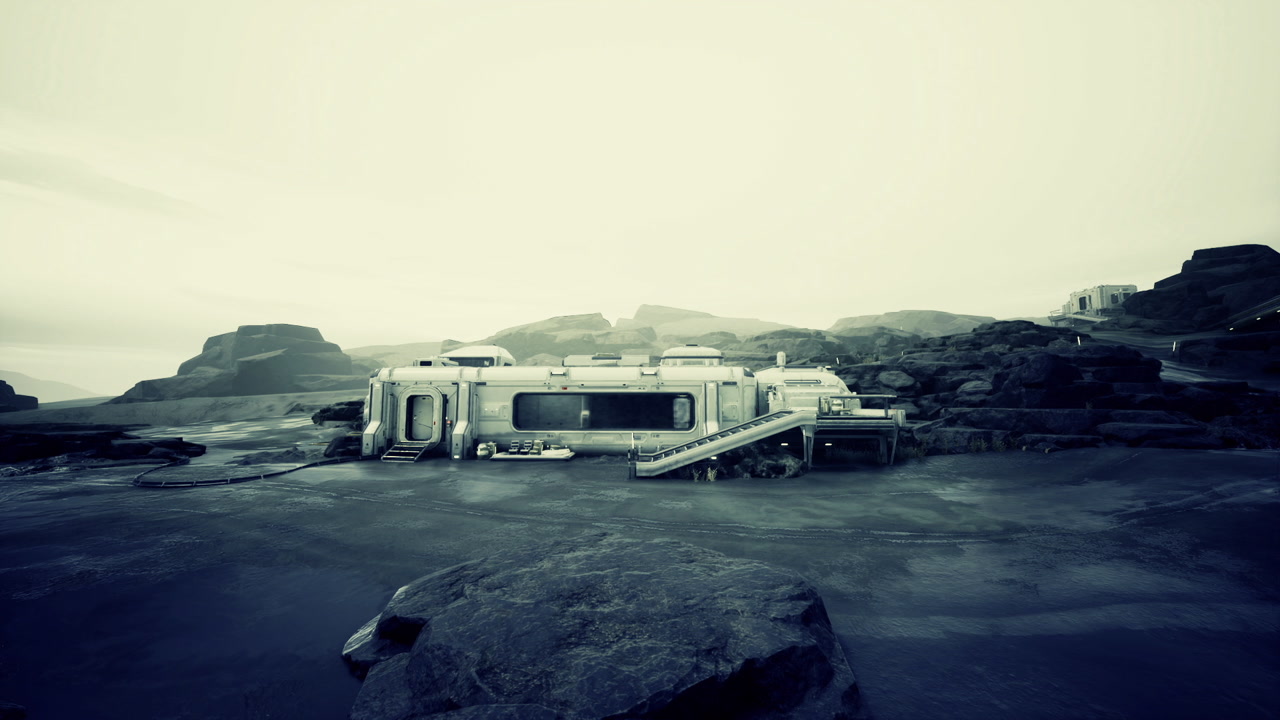 Abandoned metallic habitat set in desolate landscape with expansive view
