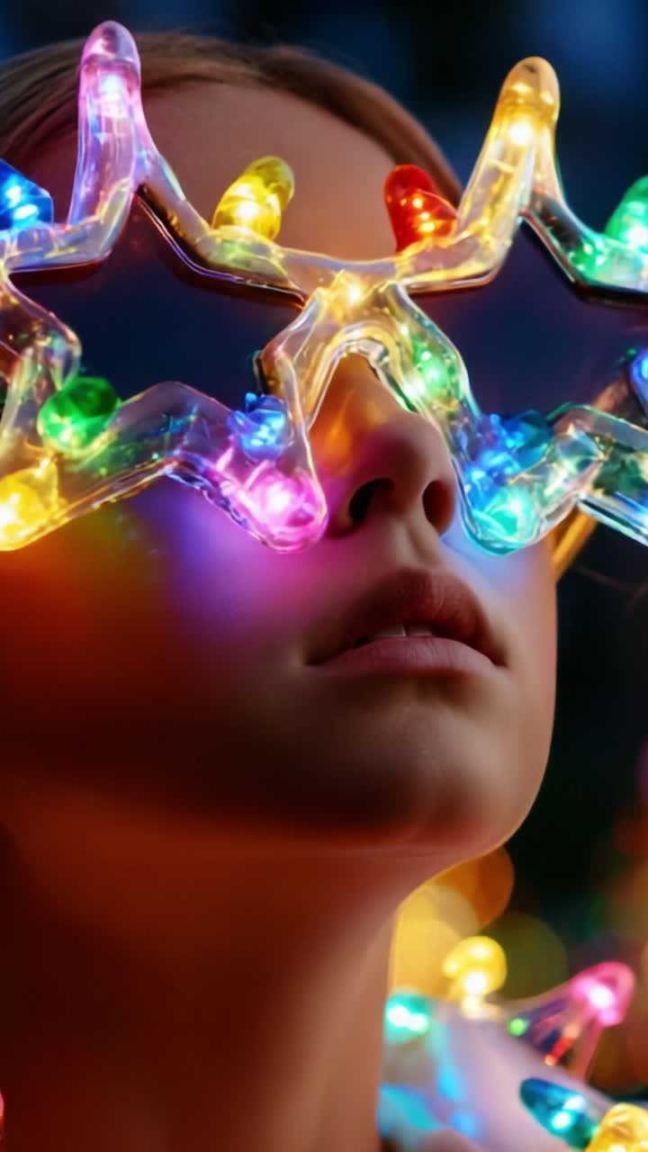 A mesmerizing close-up portrait of a young woman adorned with colorful star-shaped glasses illuminated by vibrant fairy lights, capturing the enchanting essence of festive joy and holiday spirit in a captivating way