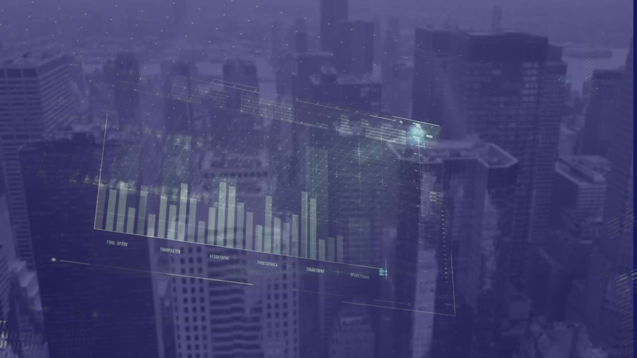 Animazione di elaborazione dati e scie luminose su paesaggio urbano