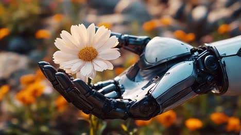 robot hand holding a flower