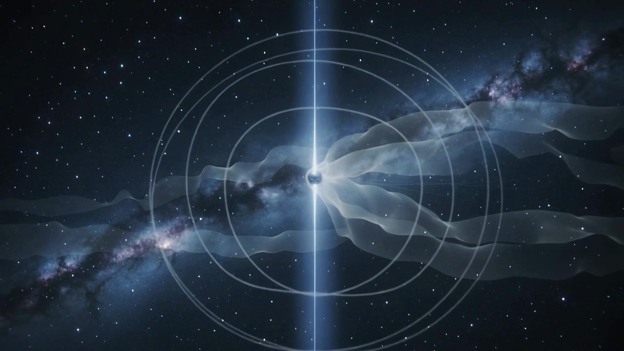Brightening bluish beam piercing dark sphere in space, emitting rings and wispy plumes, starfield