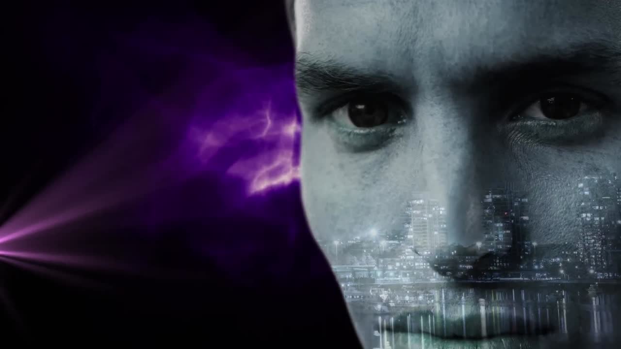 animación de senderos de luz y paisaje urbano sobre el hombre caucásico