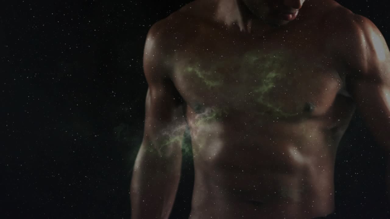 Fitness man curling, dumbbell entering right, nebula covering chest, flare sweeping, showing power