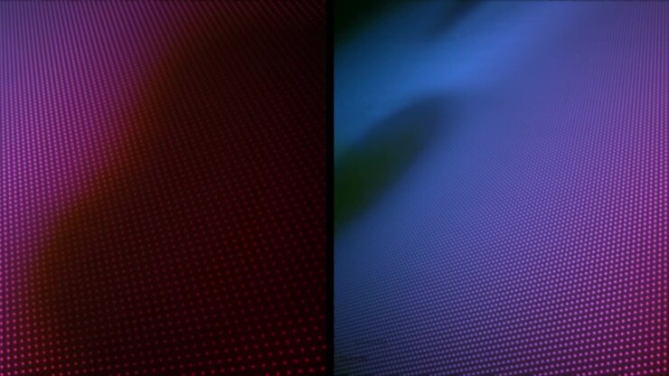 Abstract Split Screen Background with Pulsing Red and Blue LED Dot Patterns