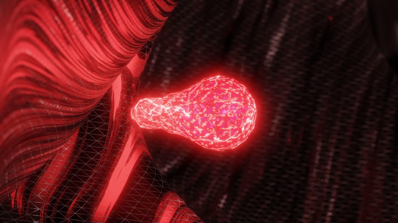 Red synapse with electric impulses connecting two neural structures. 3D render of glowing neuron interface. Neuroscience and brain signal transmission concept. vertical