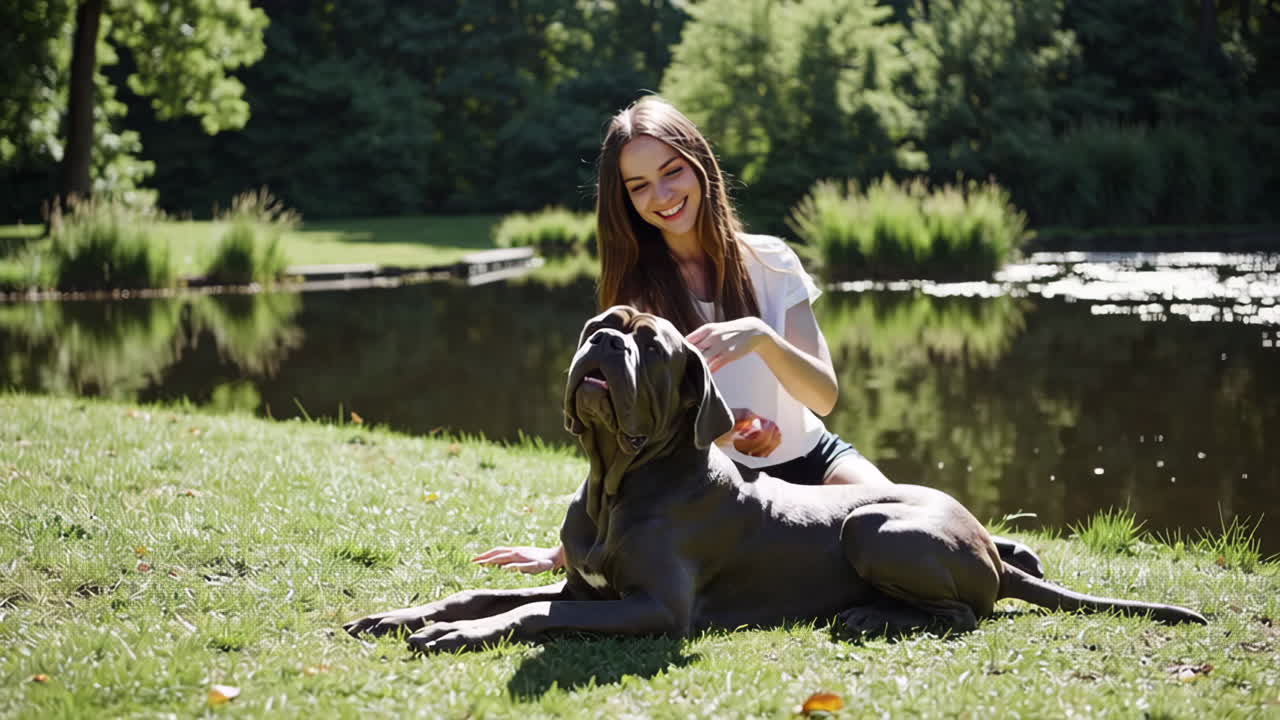 Woman petting her large dog in a sunny park