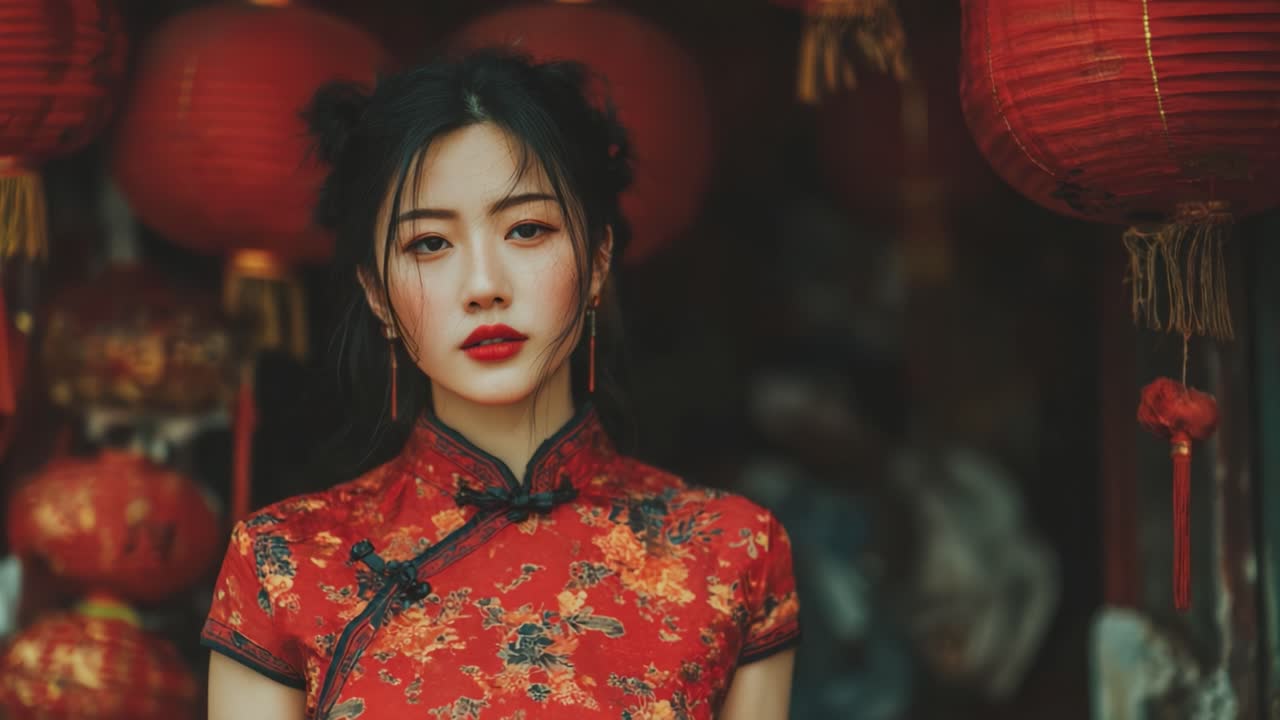 Un elegante retrato de una joven vestida con un vibrante traje tradicional rojo, rodeada de farolillos festivos, que evoca riqueza cultural y elegancia