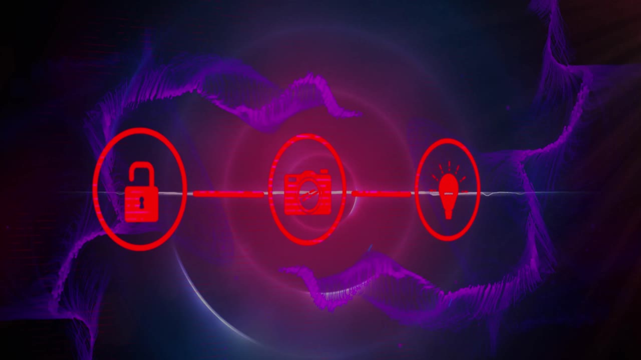 animación de la red de conexiones con iconos sobre senderos de luz púrpura