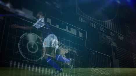 animación del procesamiento de datos financieros sobre un jugador de fútbol americano africano con fútbol