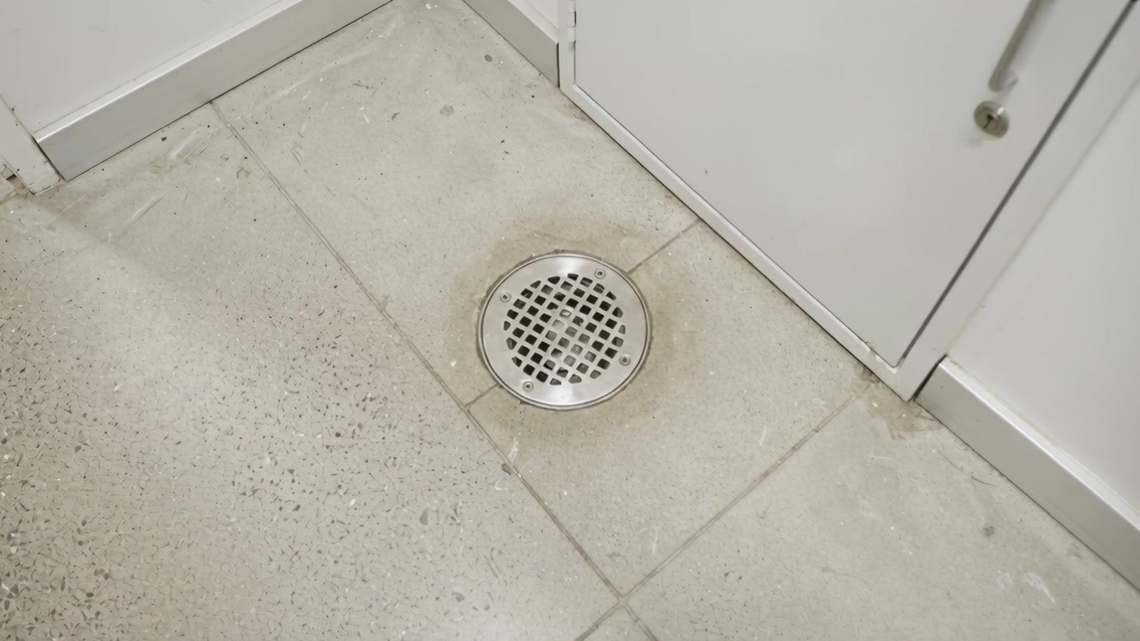 Moving camera shifting closer in utility room after operator adjusting, centering metal drain grate