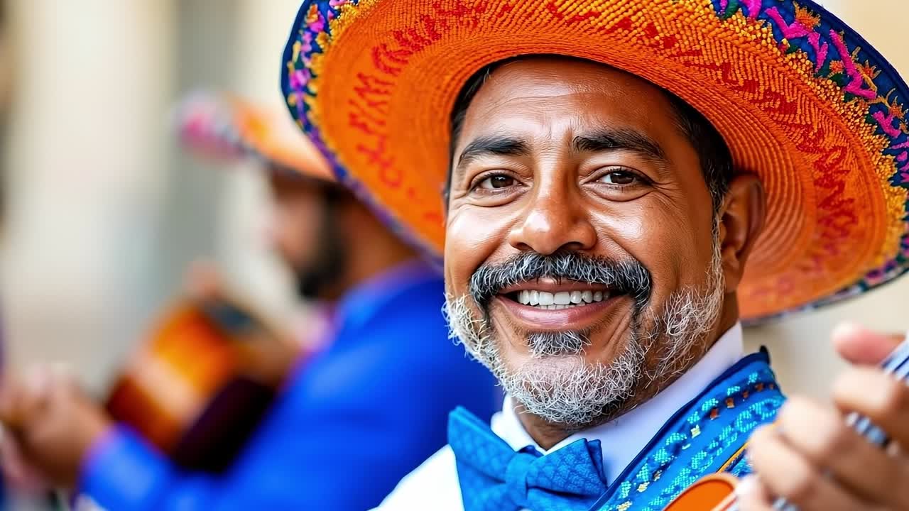 A man in a sombrero smiles while holding a guitar