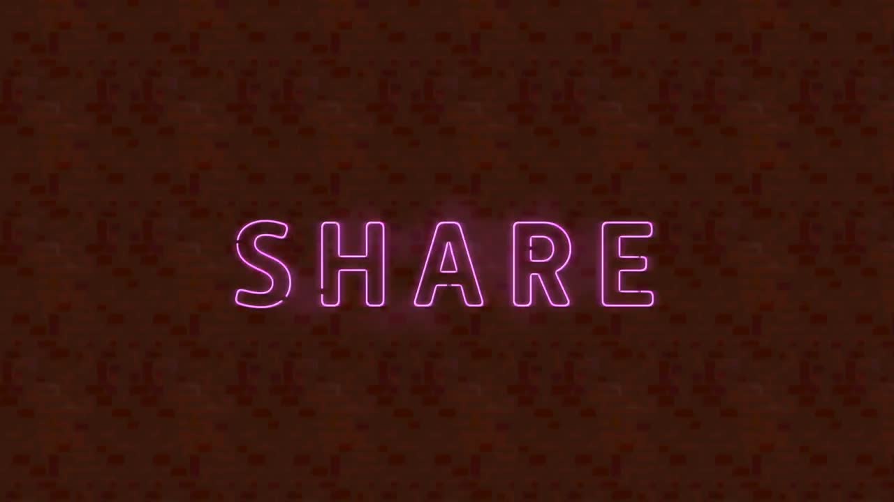 Digital animation of neon pink share text banner against textures red background