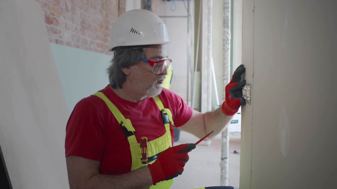 el electricista profesional maduro instala el enchufe en el sitio de construcción. en tiempo real