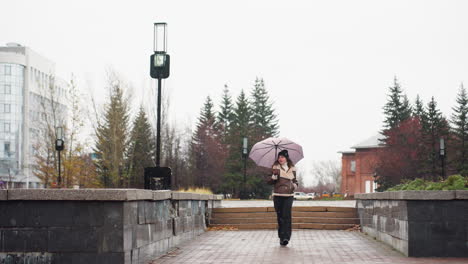 Front shot of female running in light snowfall, holding umbrella, wearing knit cap, brown shearling jacket, black trousers, one hand in pocket, autumn leaves scattered on ground, enjoying winter day