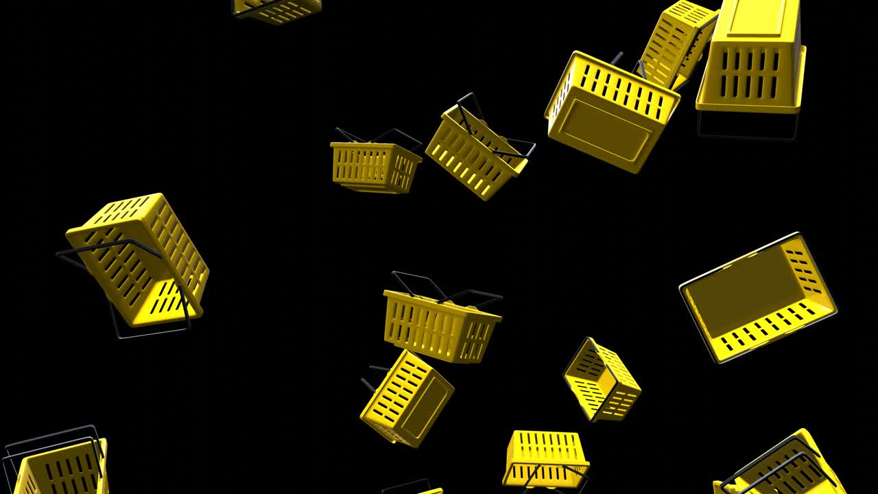 Yellow plastic shopping baskets on black background.